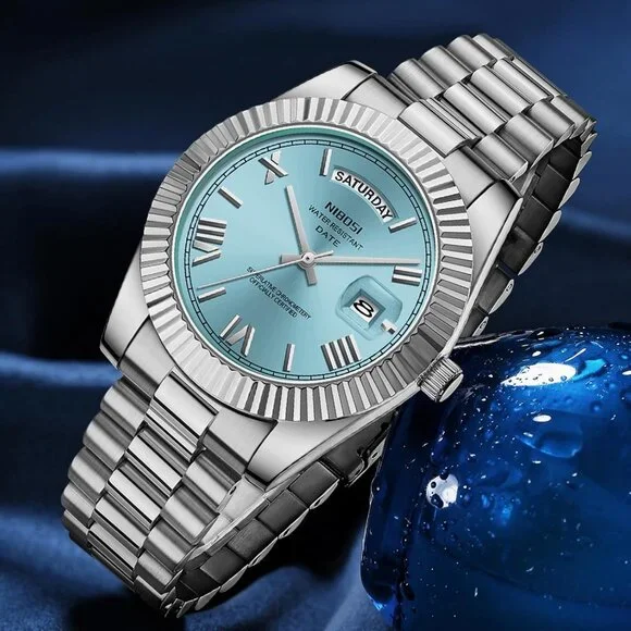 Men's Silver Cyan Stainless Steel Analog Classic Design Stylish Wrist Watch - Picture 4 of 6